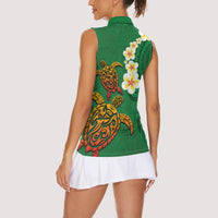 Hawaii Turtle Plumeria Flower Women Sleeveless Polo Shirt Polynesian Pattern Green Color