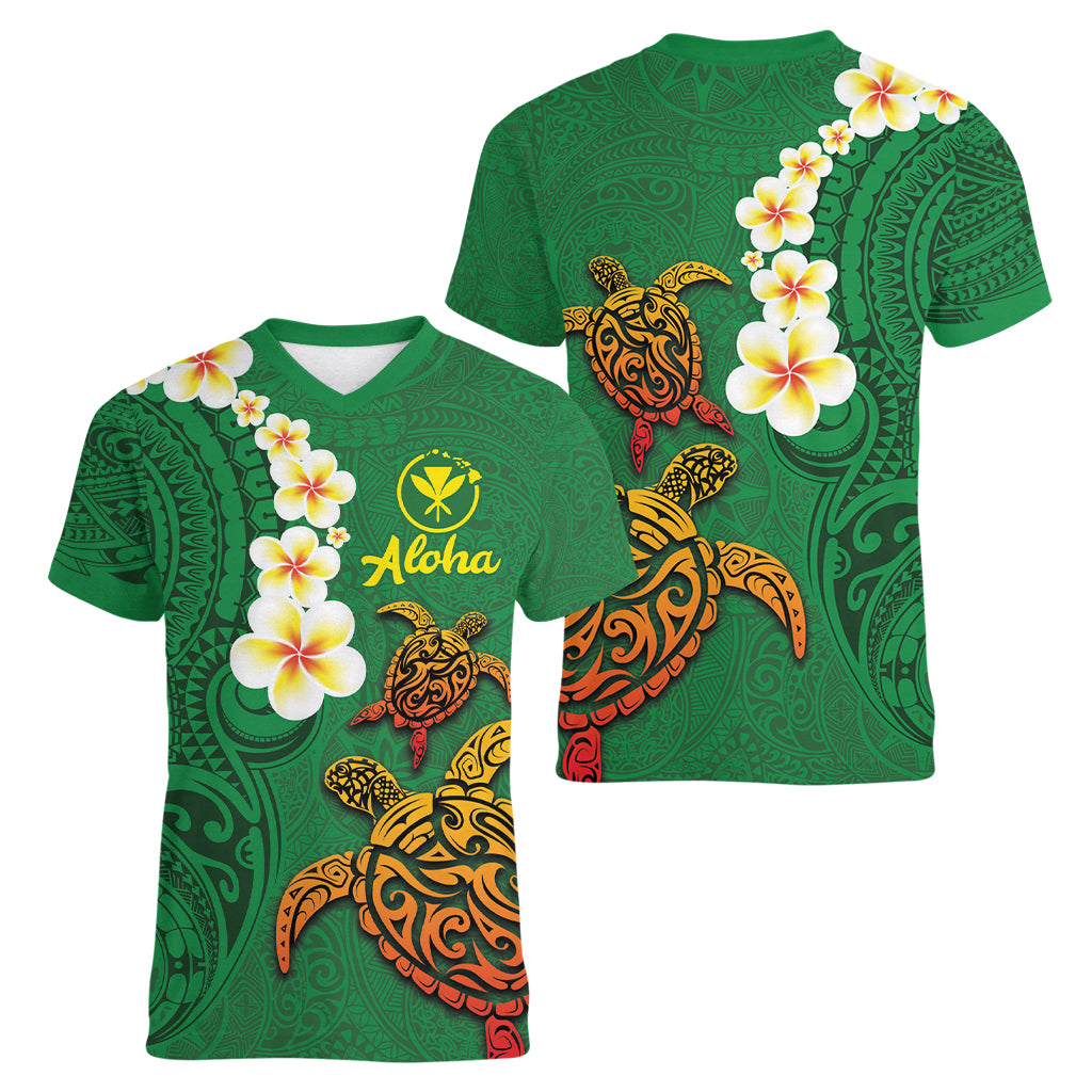 Hawaii Turtle Plumeria Flower Women V-Neck T-Shirt Polynesian Pattern Green Color