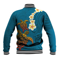 Hawaii Turtle Plumeria Flower Baseball Jacket Polynesian Pattern Blue Color