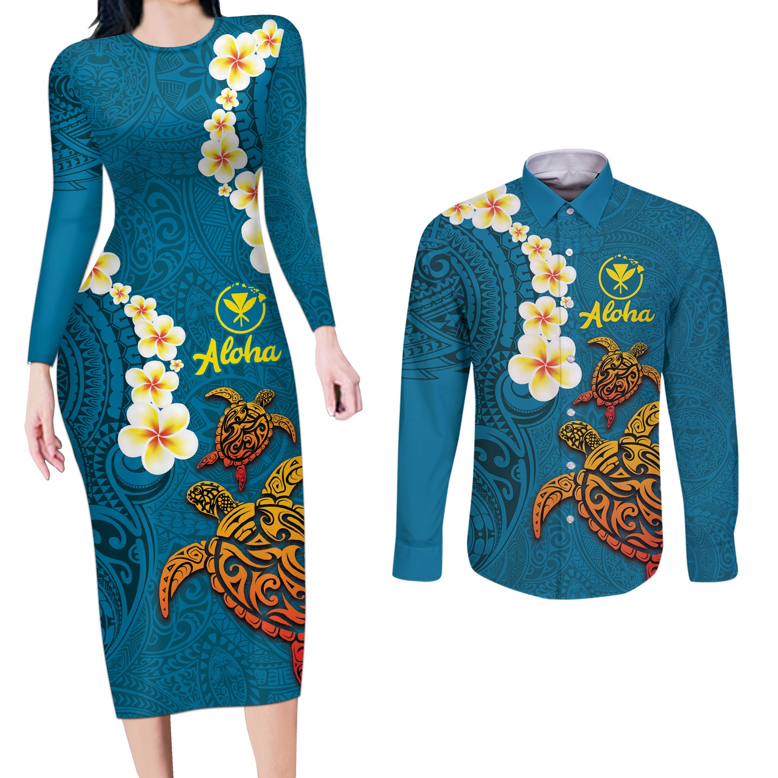 Hawaii Turtle Plumeria Flower Couples Matching Long Sleeve Bodycon Dress and Long Sleeve Button Shirt Polynesian Pattern Blue Color