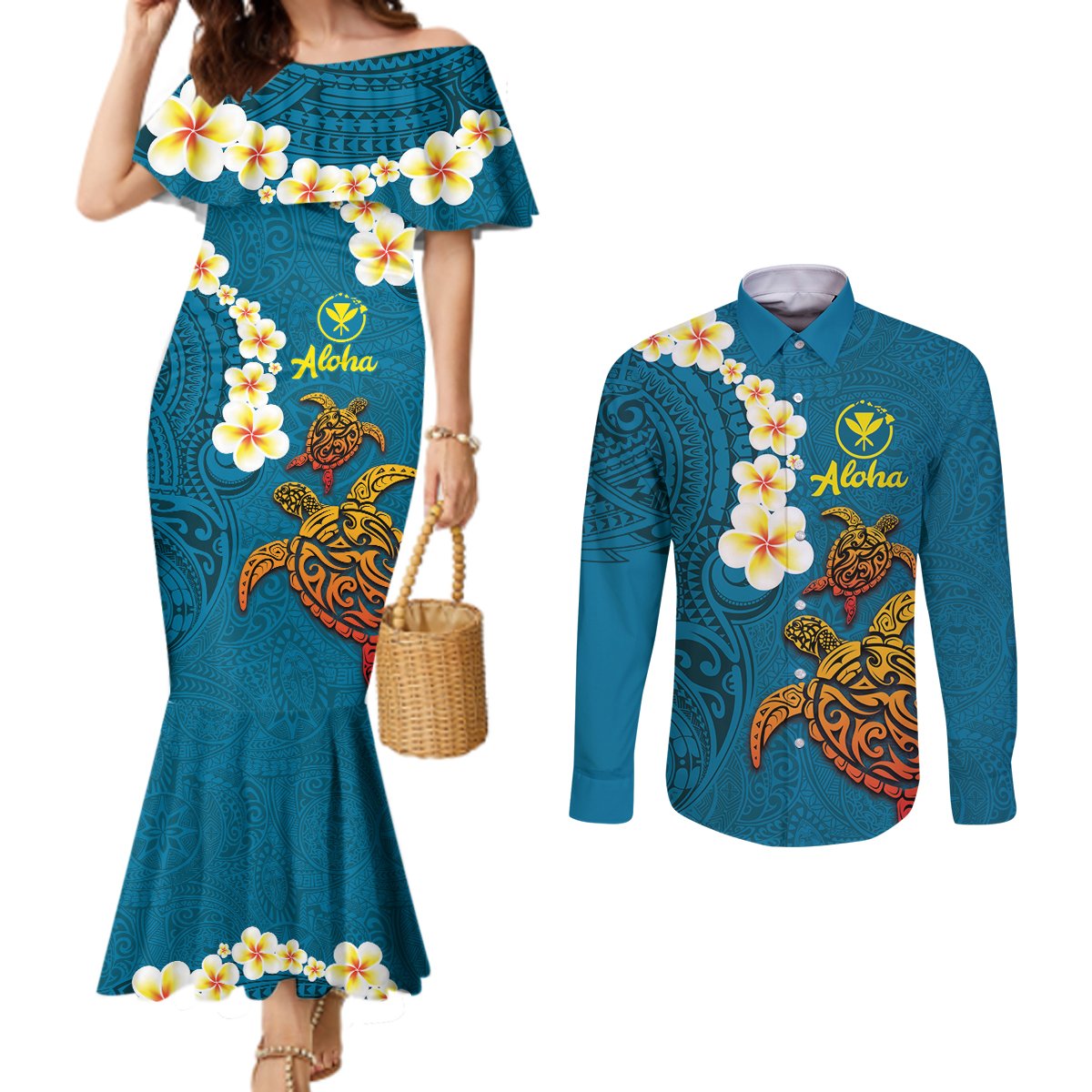Hawaii Turtle Plumeria Flower Couples Matching Mermaid Dress and Long Sleeve Button Shirt Polynesian Pattern Blue Color