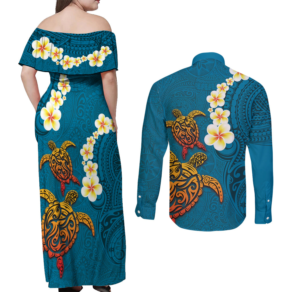 Hawaii Turtle Plumeria Flower Couples Matching Off Shoulder Maxi Dress and Long Sleeve Button Shirt Polynesian Pattern Blue Color