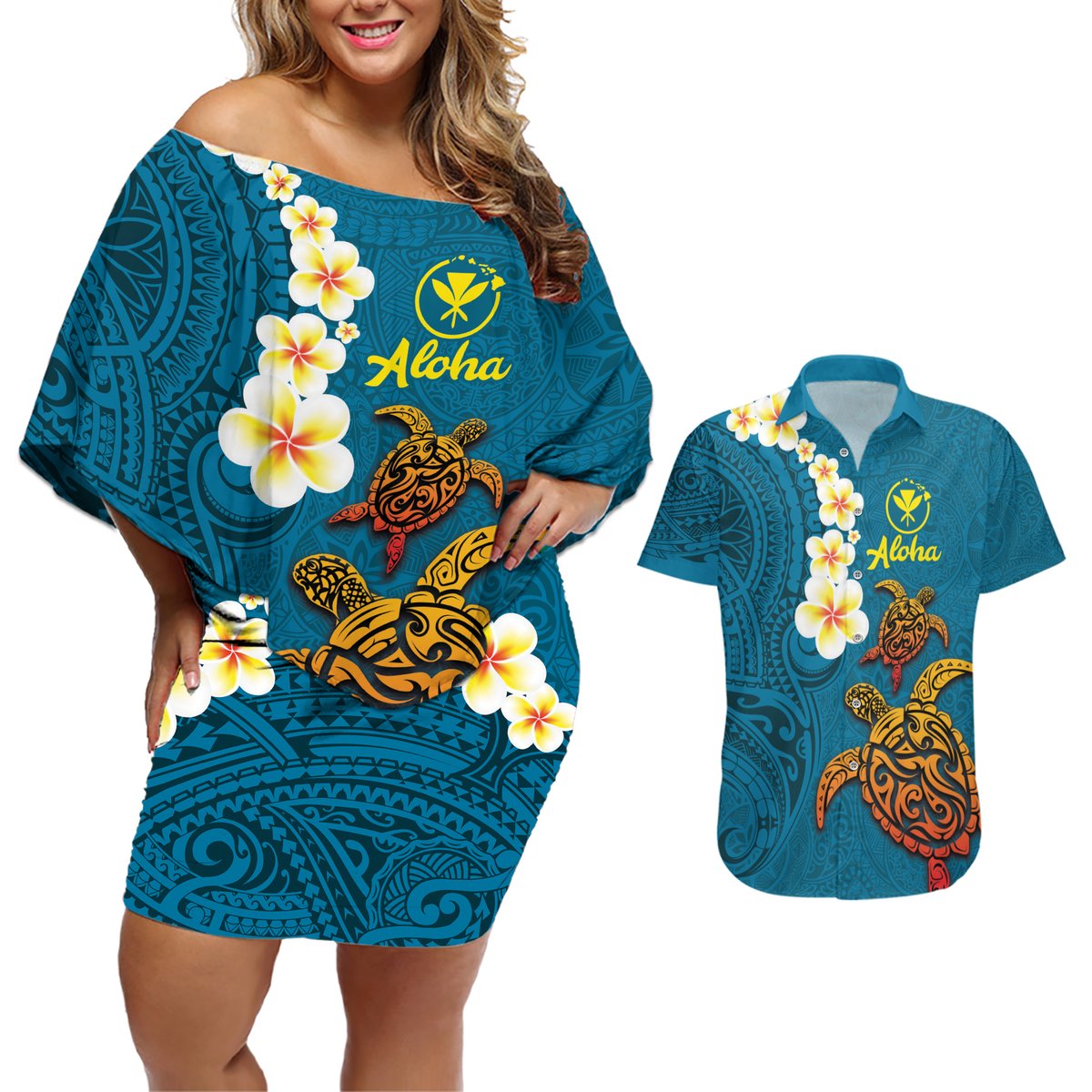 Hawaii Turtle Plumeria Flower Couples Matching Off Shoulder Short Dress and Hawaiian Shirt Polynesian Pattern Blue Color