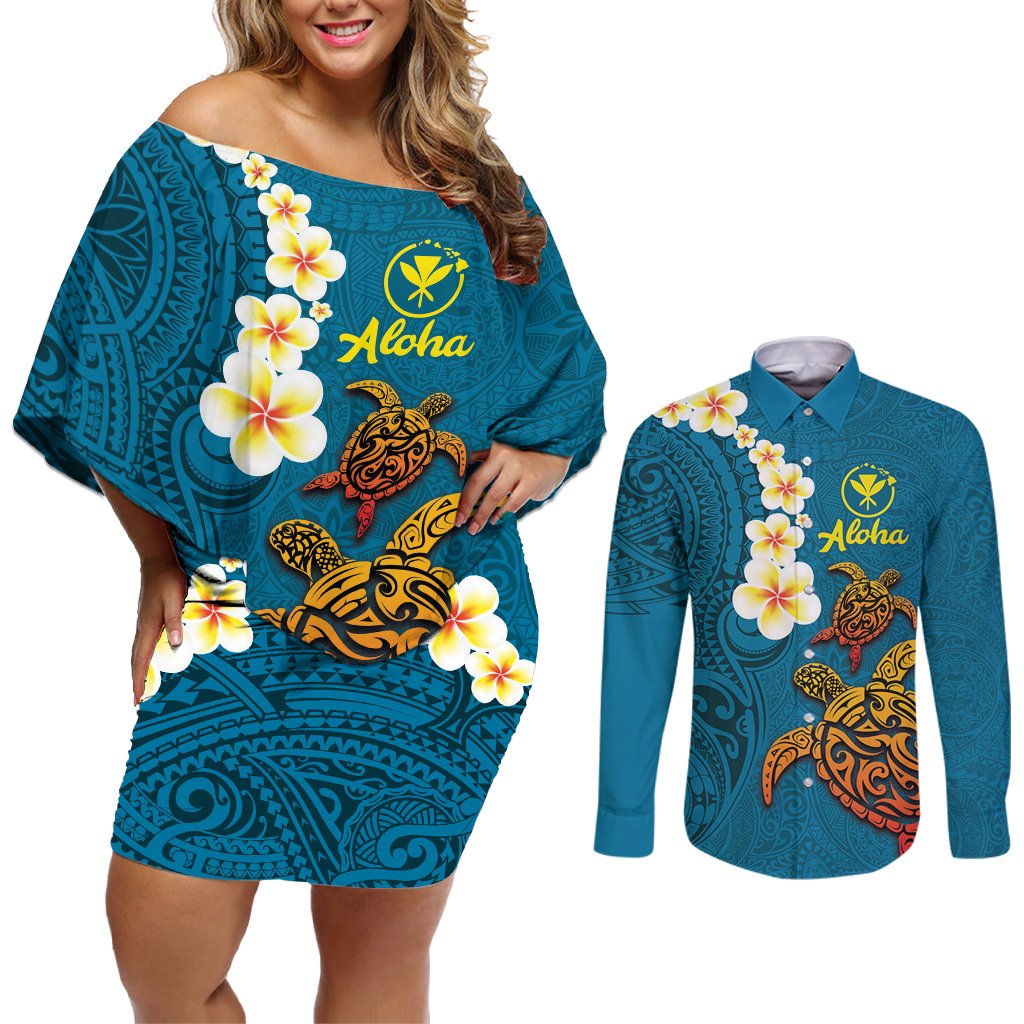 Hawaii Turtle Plumeria Flower Couples Matching Off Shoulder Short Dress and Long Sleeve Button Shirt Polynesian Pattern Blue Color
