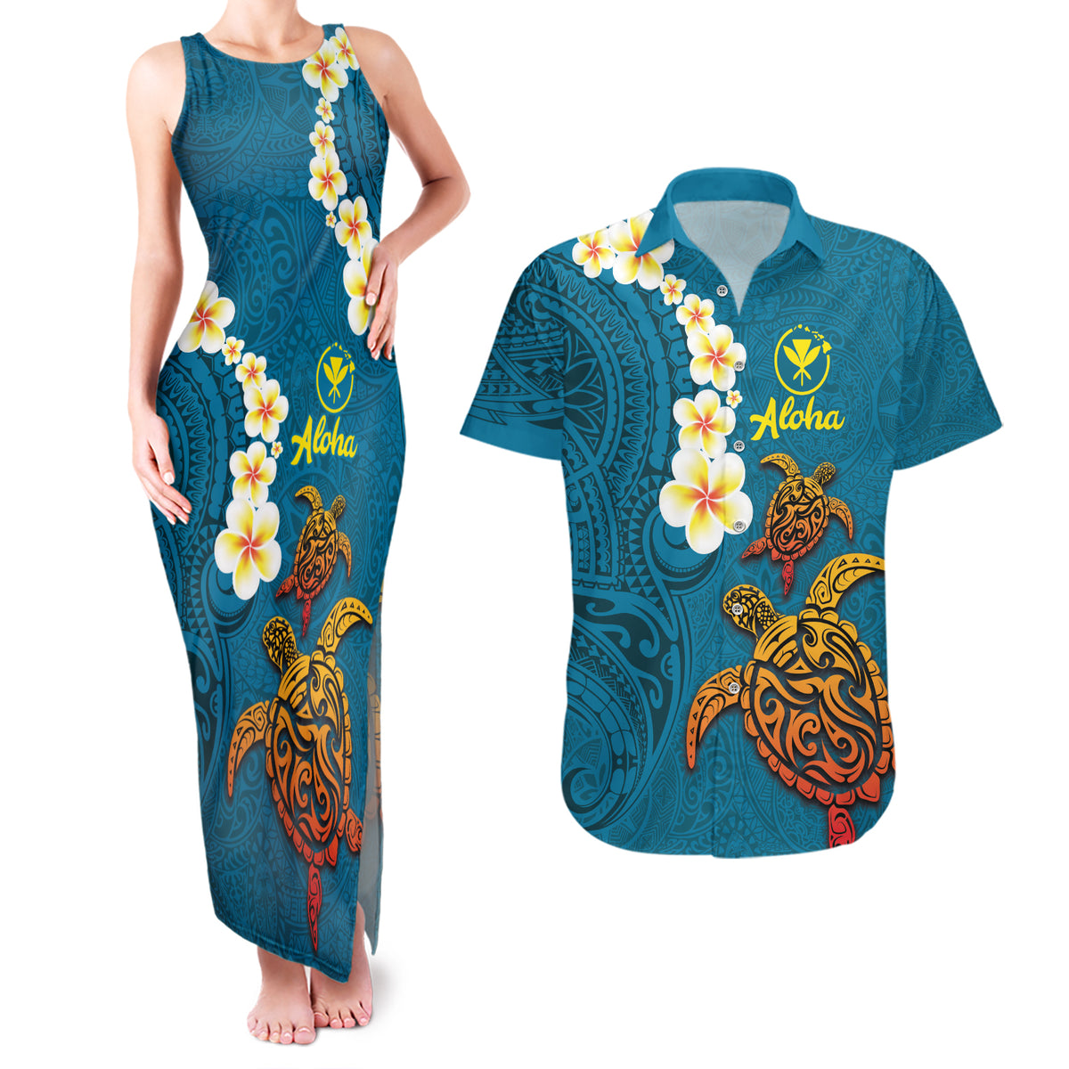 Hawaii Turtle Plumeria Flower Couples Matching Tank Maxi Dress and Hawaiian Shirt Polynesian Pattern Blue Color