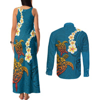 Hawaii Turtle Plumeria Flower Couples Matching Tank Maxi Dress and Long Sleeve Button Shirt Polynesian Pattern Blue Color