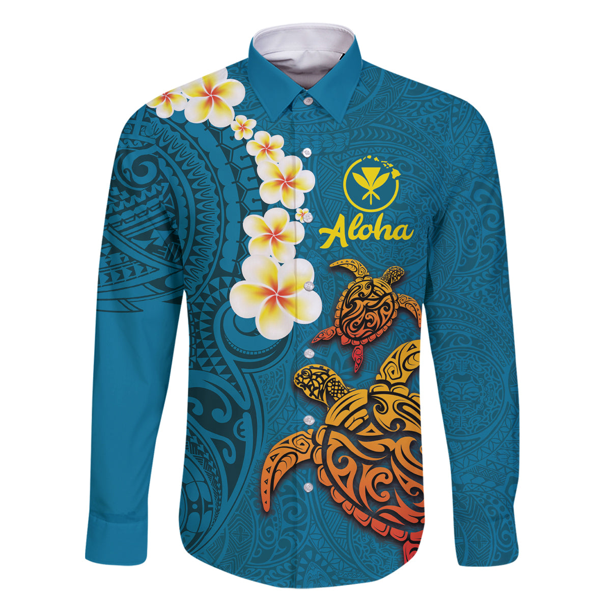 Hawaii Turtle Plumeria Flower Family Matching Long Sleeve Bodycon Dress and Hawaiian Shirt Polynesian Pattern Blue Color LT03 Dad's Shirt - Long Sleeve Blue - Polynesian Pride