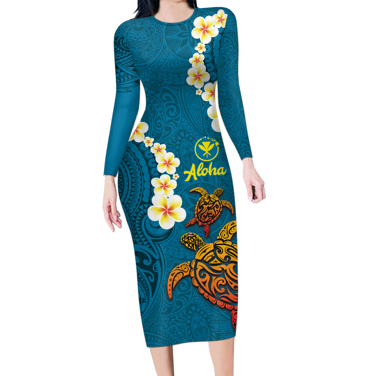 Hawaii Turtle Plumeria Flower Family Matching Long Sleeve Bodycon Dress and Hawaiian Shirt Polynesian Pattern Blue Color LT03 Mom's Dress Blue - Polynesian Pride