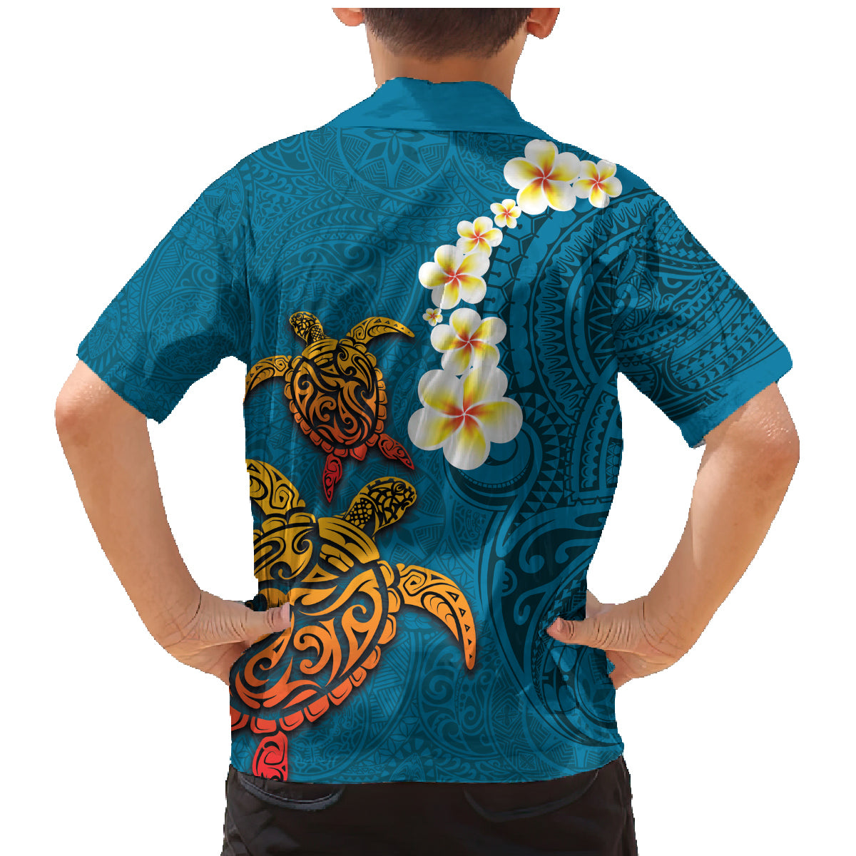 Hawaii Turtle Plumeria Flower Family Matching Mermaid Dress and Hawaiian Shirt Polynesian Pattern Blue Color LT03 - Polynesian Pride