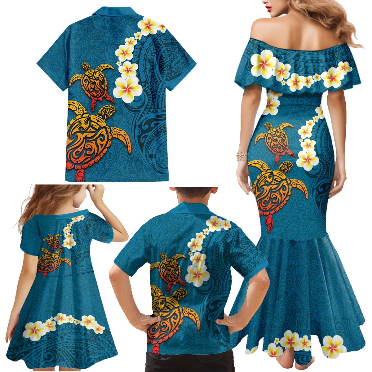 Hawaii Turtle Plumeria Flower Family Matching Mermaid Dress and Hawaiian Shirt Polynesian Pattern Blue Color LT03 - Polynesian Pride