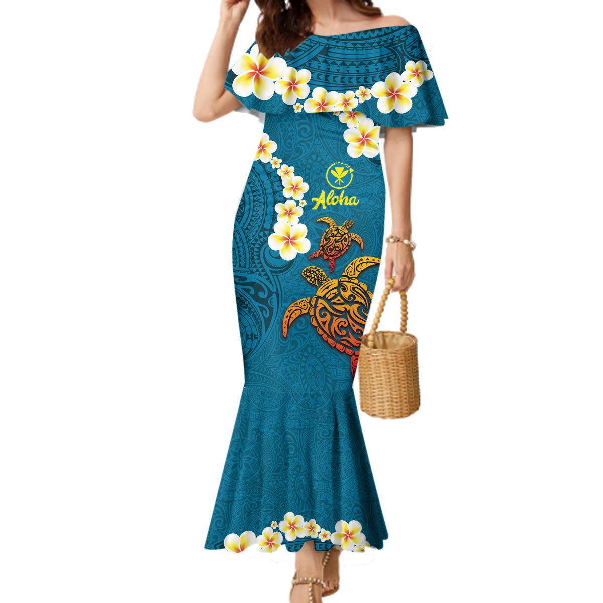 Hawaii Turtle Plumeria Flower Family Matching Mermaid Dress and Hawaiian Shirt Polynesian Pattern Blue Color LT03 Mom's Dress Blue - Polynesian Pride