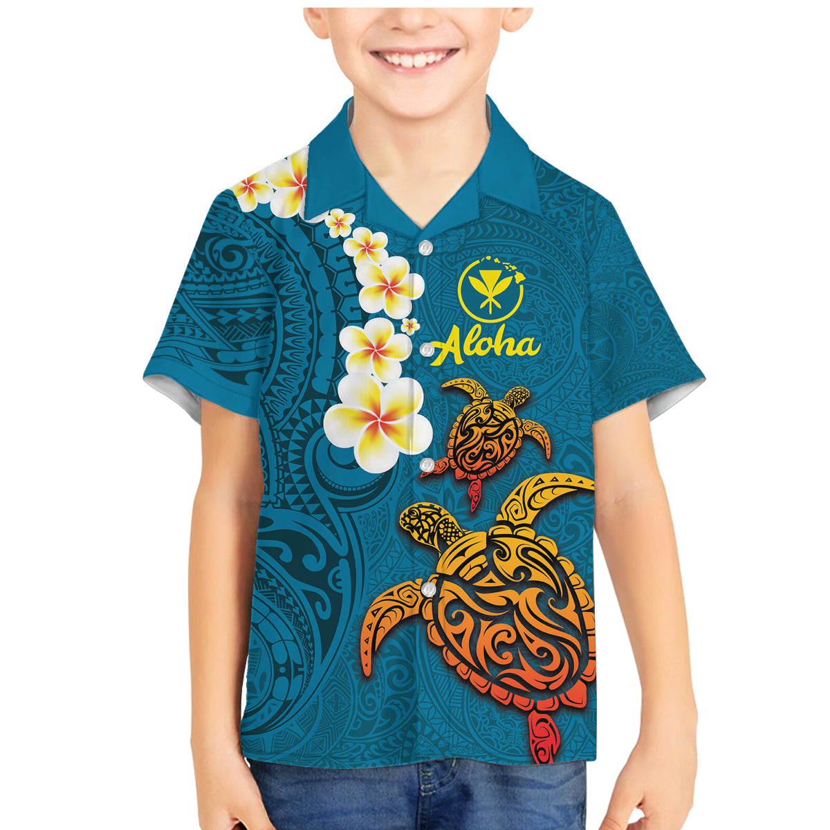 Hawaii Turtle Plumeria Flower Family Matching Mermaid Dress and Hawaiian Shirt Polynesian Pattern Blue Color LT03 Son's Shirt Blue - Polynesian Pride