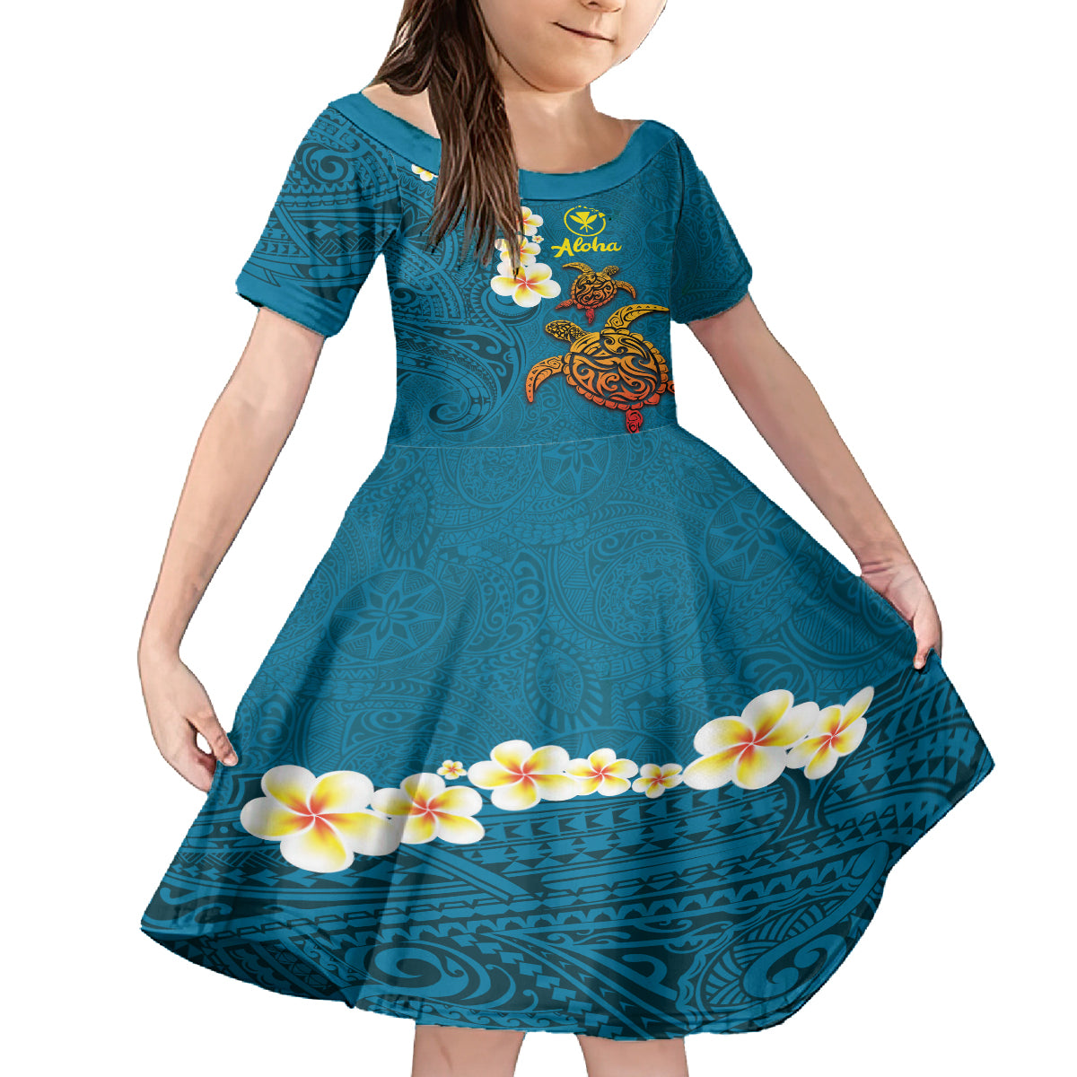 Hawaii Turtle Plumeria Flower Family Matching Off The Shoulder Long Sleeve Dress and Hawaiian Shirt Polynesian Pattern Blue Color LT03 Daughter's Dress Blue - Polynesian Pride