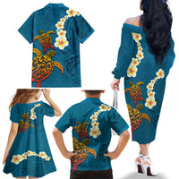 Hawaii Turtle Plumeria Flower Family Matching Off The Shoulder Long Sleeve Dress and Hawaiian Shirt Polynesian Pattern Blue Color LT03 - Polynesian Pride