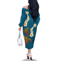 Hawaii Turtle Plumeria Flower Family Matching Off The Shoulder Long Sleeve Dress and Hawaiian Shirt Polynesian Pattern Blue Color LT03 - Polynesian Pride