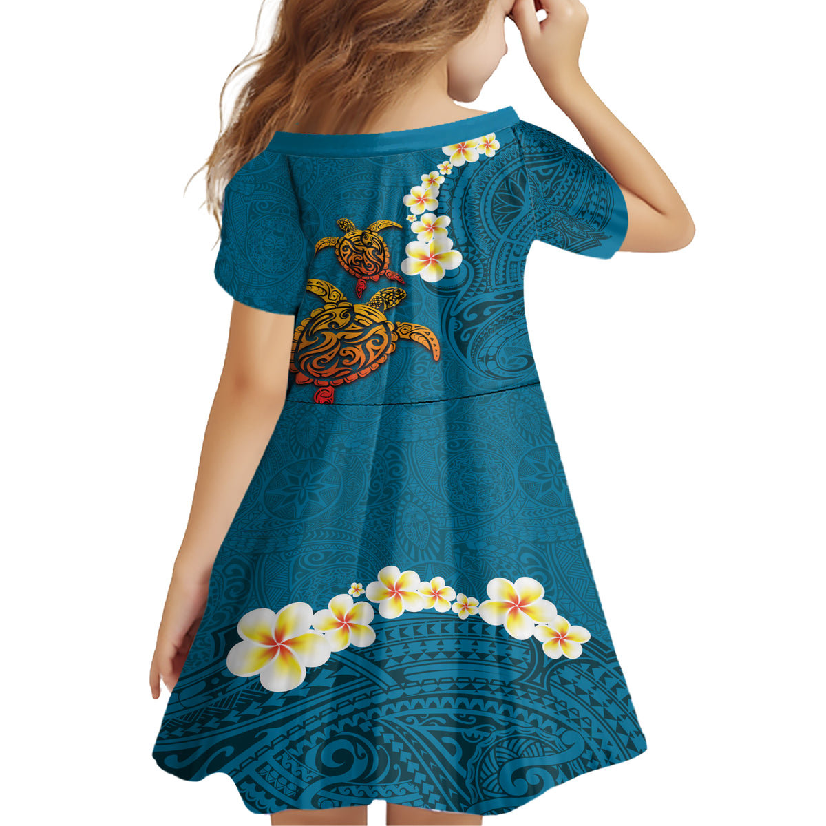Hawaii Turtle Plumeria Flower Family Matching Short Sleeve Bodycon Dress and Hawaiian Shirt Polynesian Pattern Blue Color LT03 - Polynesian Pride