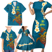 Hawaii Turtle Plumeria Flower Family Matching Short Sleeve Bodycon Dress and Hawaiian Shirt Polynesian Pattern Blue Color LT03 - Polynesian Pride