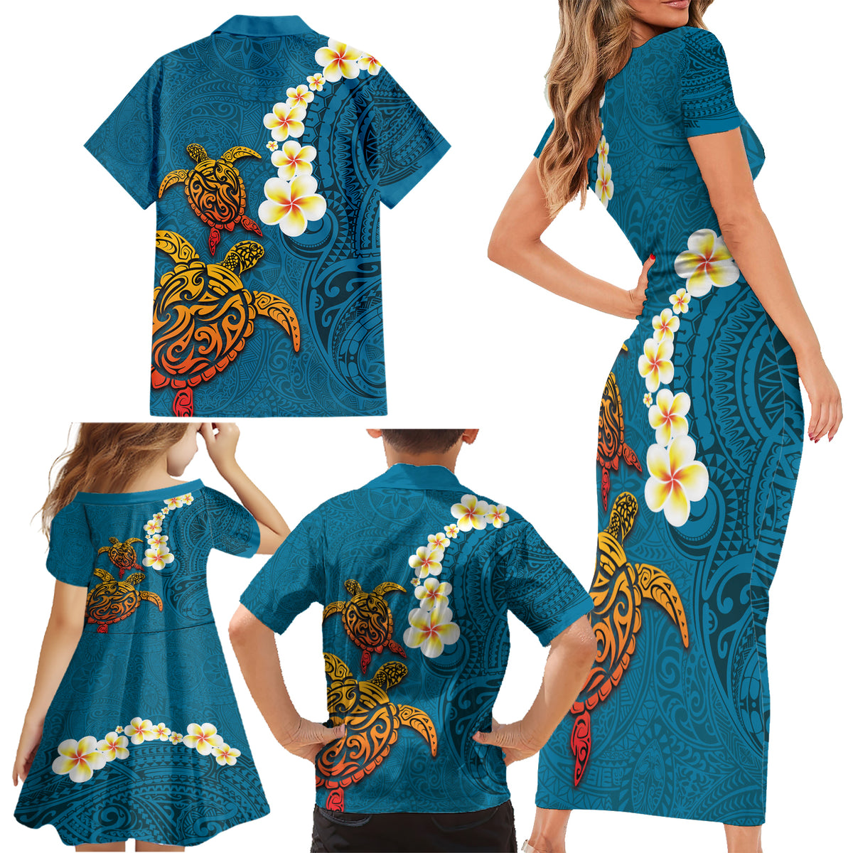Hawaii Turtle Plumeria Flower Family Matching Short Sleeve Bodycon Dress and Hawaiian Shirt Polynesian Pattern Blue Color LT03 - Polynesian Pride