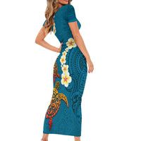 Hawaii Turtle Plumeria Flower Family Matching Short Sleeve Bodycon Dress and Hawaiian Shirt Polynesian Pattern Blue Color LT03 - Polynesian Pride
