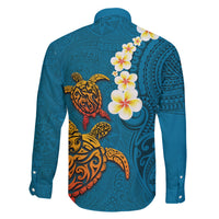 Hawaii Turtle Plumeria Flower Family Matching Tank Maxi Dress and Hawaiian Shirt Polynesian Pattern Blue Color