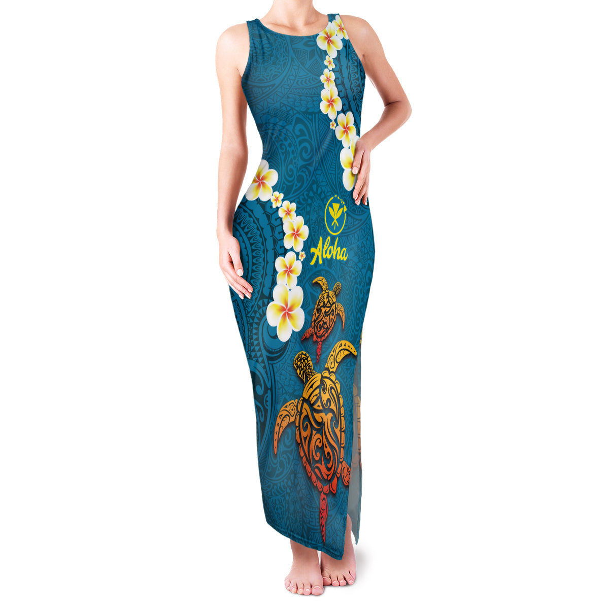 Hawaii Turtle Plumeria Flower Family Matching Tank Maxi Dress and Hawaiian Shirt Polynesian Pattern Blue Color