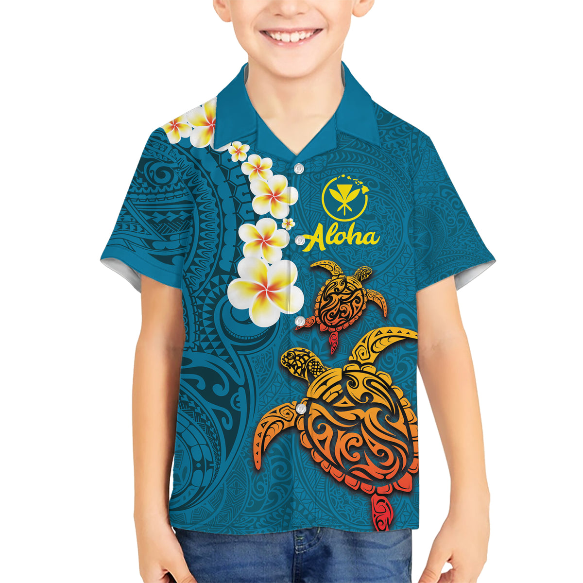 Hawaii Turtle Plumeria Flower Kid Hawaiian Shirt Polynesian Pattern Blue Color