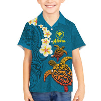 Hawaii Turtle Plumeria Flower Kid Hawaiian Shirt Polynesian Pattern Blue Color