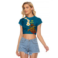Hawaii Turtle Plumeria Flower Raglan Cropped T Shirt Polynesian Pattern Blue Color