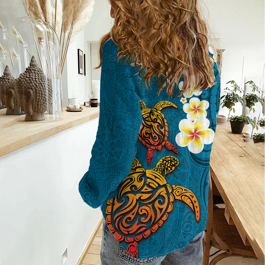 Hawaii Turtle Plumeria Flower Women Casual Shirt Polynesian Pattern Blue Color