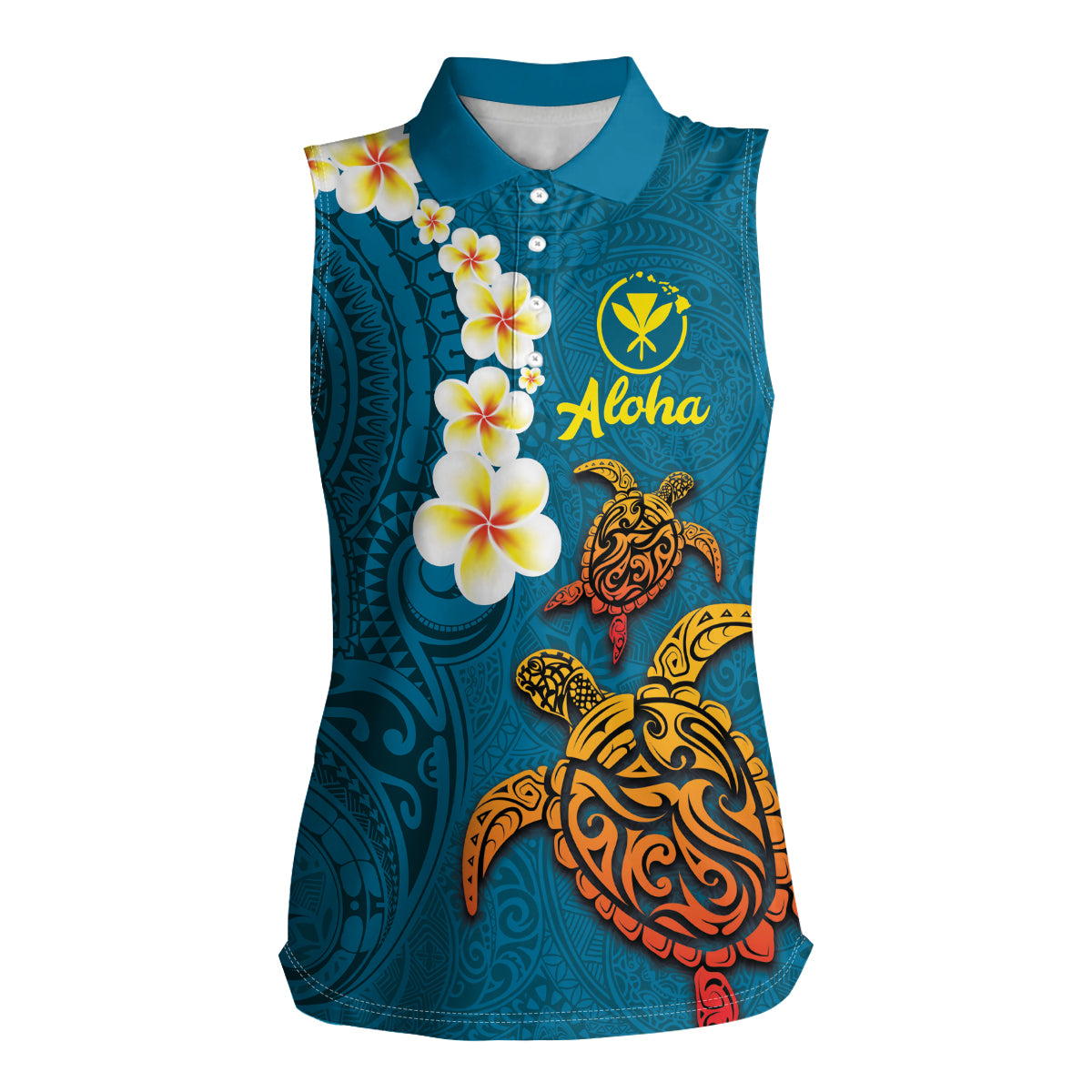 Hawaii Turtle Plumeria Flower Women Sleeveless Polo Shirt Polynesian Pattern Blue Color