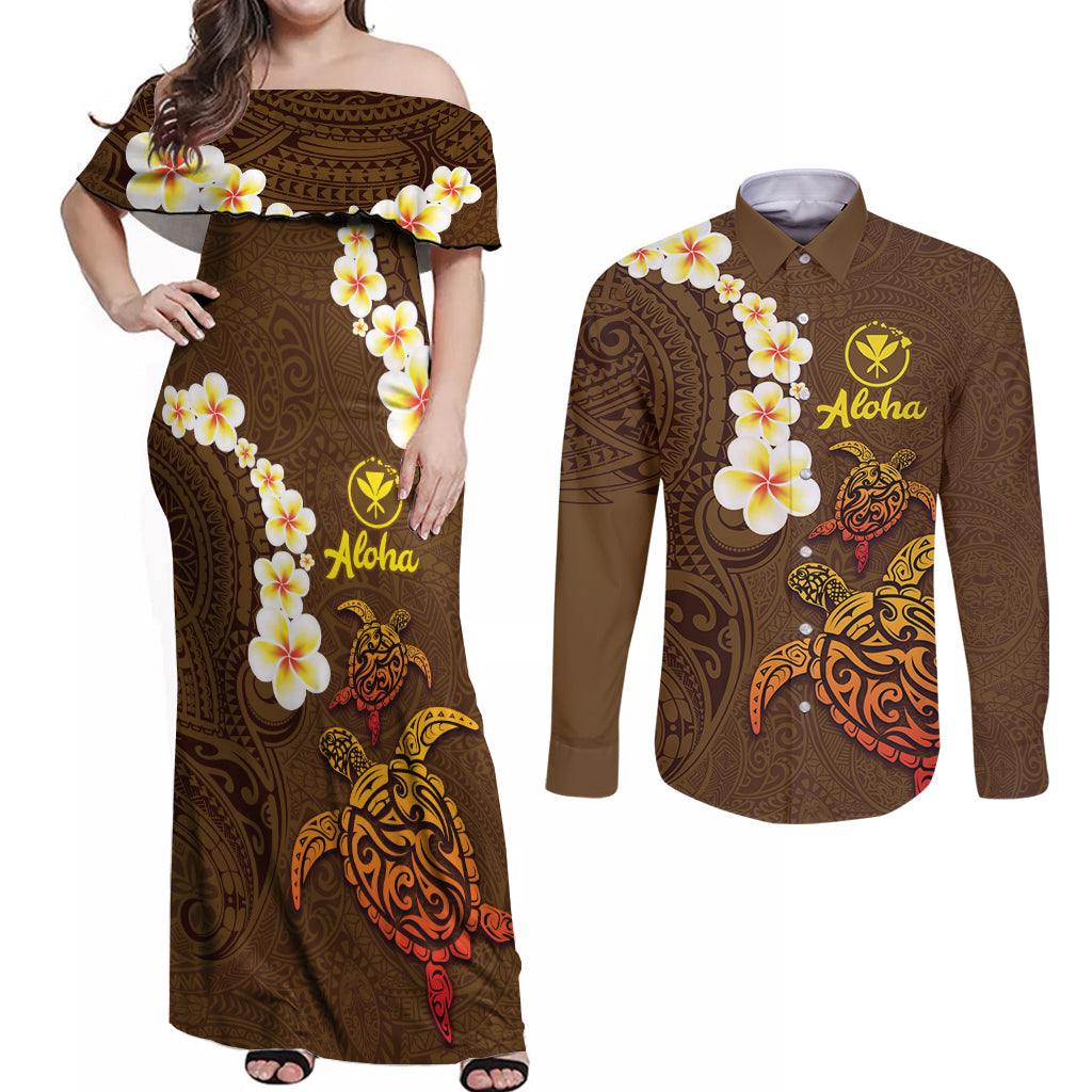 Hawaii Turtle Plumeria Flower Couples Matching Off Shoulder Maxi Dress and Long Sleeve Button Shirt Polynesian Pattern Brown Color