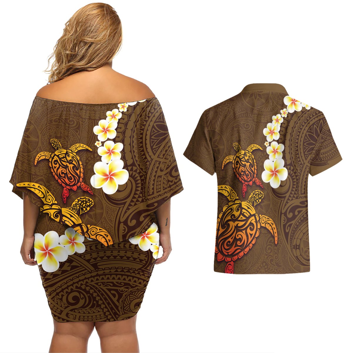 Hawaii Turtle Plumeria Flower Couples Matching Off Shoulder Short Dress and Hawaiian Shirt Polynesian Pattern Brown Color
