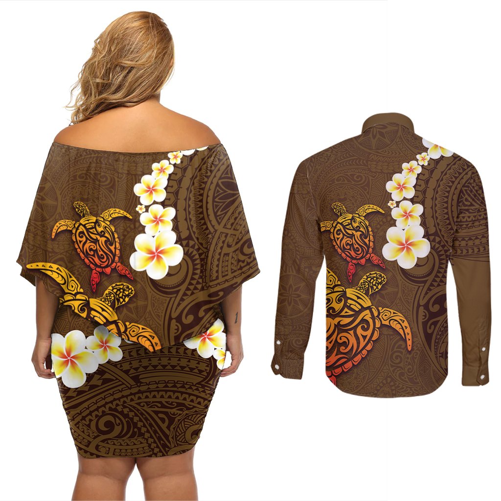 Hawaii Turtle Plumeria Flower Couples Matching Off Shoulder Short Dress and Long Sleeve Button Shirt Polynesian Pattern Brown Color