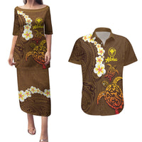 Hawaii Turtle Plumeria Flower Couples Matching Puletasi and Hawaiian Shirt Polynesian Pattern Brown Color