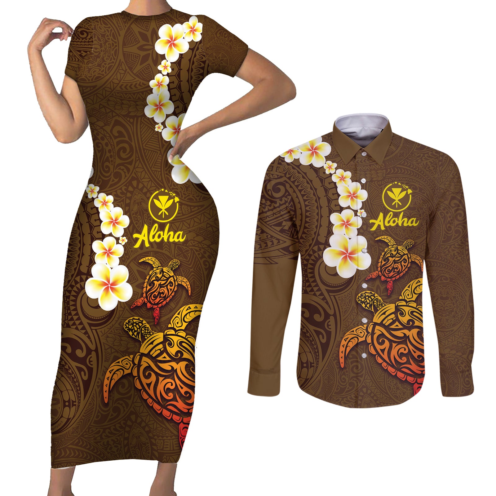 Hawaii Turtle Plumeria Flower Couples Matching Short Sleeve Bodycon Dress and Long Sleeve Button Shirt Polynesian Pattern Brown Color
