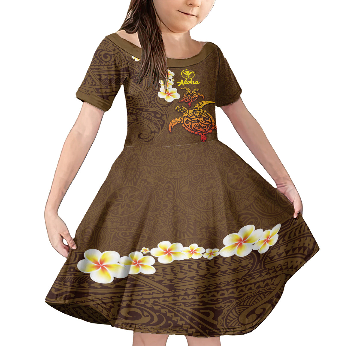 Hawaii Turtle Plumeria Flower Family Matching Mermaid Dress and Hawaiian Shirt Polynesian Pattern Brown Color LT03 Daughter's Dress Brown - Polynesian Pride