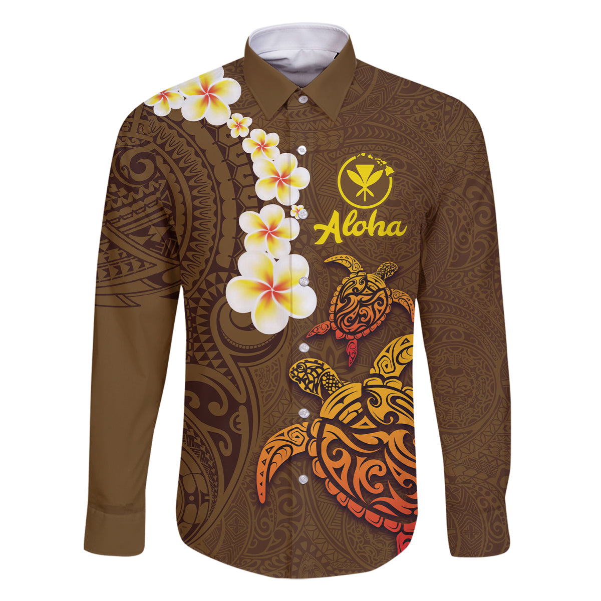 Hawaii Turtle Plumeria Flower Family Matching Mermaid Dress and Hawaiian Shirt Polynesian Pattern Brown Color LT03 Dad's Shirt - Long Sleeve Brown - Polynesian Pride