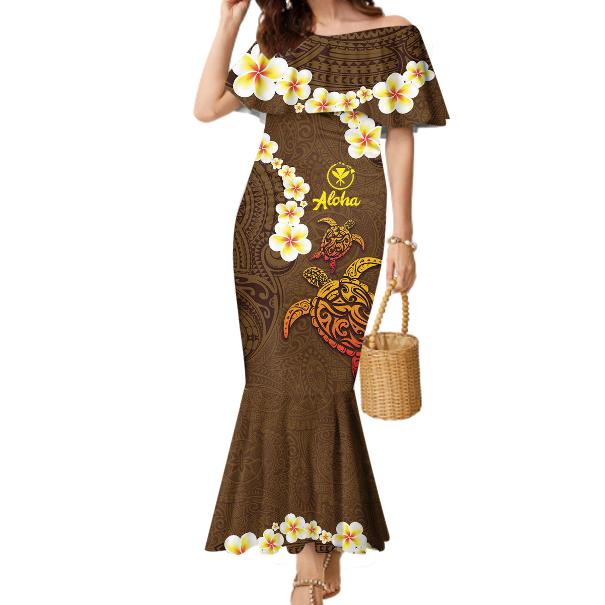 Hawaii Turtle Plumeria Flower Family Matching Mermaid Dress and Hawaiian Shirt Polynesian Pattern Brown Color LT03 Mom's Dress Brown - Polynesian Pride