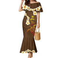 Hawaii Turtle Plumeria Flower Family Matching Mermaid Dress and Hawaiian Shirt Polynesian Pattern Brown Color LT03 Mom's Dress Brown - Polynesian Pride