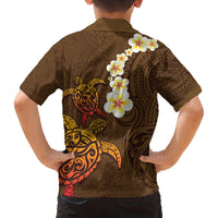 Hawaii Turtle Plumeria Flower Family Matching Off The Shoulder Long Sleeve Dress and Hawaiian Shirt Polynesian Pattern Brown Color LT03 - Polynesian Pride
