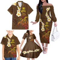 Hawaii Turtle Plumeria Flower Family Matching Off The Shoulder Long Sleeve Dress and Hawaiian Shirt Polynesian Pattern Brown Color LT03 - Polynesian Pride