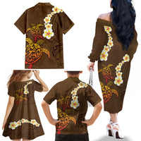 Hawaii Turtle Plumeria Flower Family Matching Off The Shoulder Long Sleeve Dress and Hawaiian Shirt Polynesian Pattern Brown Color LT03 - Polynesian Pride