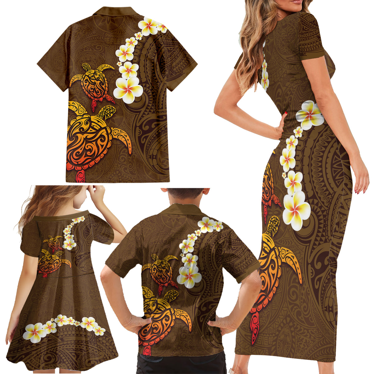 Hawaii Turtle Plumeria Flower Family Matching Short Sleeve Bodycon Dress and Hawaiian Shirt Polynesian Pattern Brown Color LT03 - Polynesian Pride