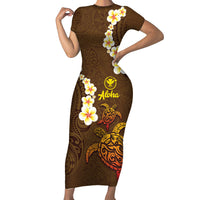 Hawaii Turtle Plumeria Flower Family Matching Short Sleeve Bodycon Dress and Hawaiian Shirt Polynesian Pattern Brown Color LT03 Mom's Dress Brown - Polynesian Pride