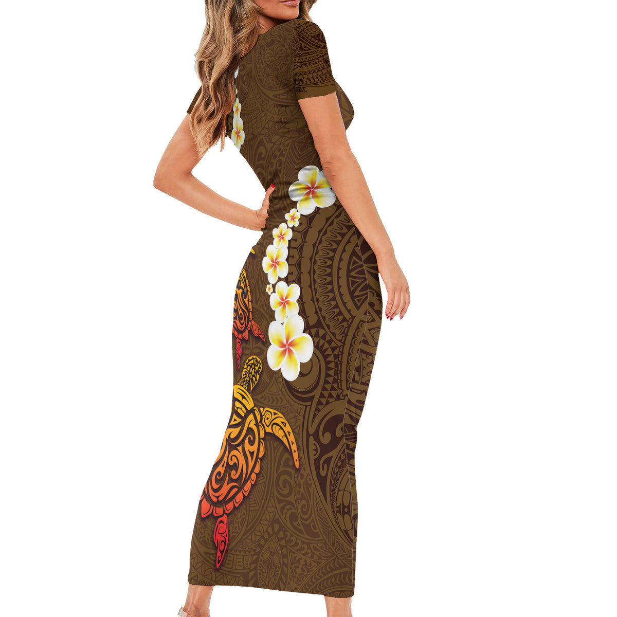 Hawaii Turtle Plumeria Flower Family Matching Short Sleeve Bodycon Dress and Hawaiian Shirt Polynesian Pattern Brown Color LT03 - Polynesian Pride
