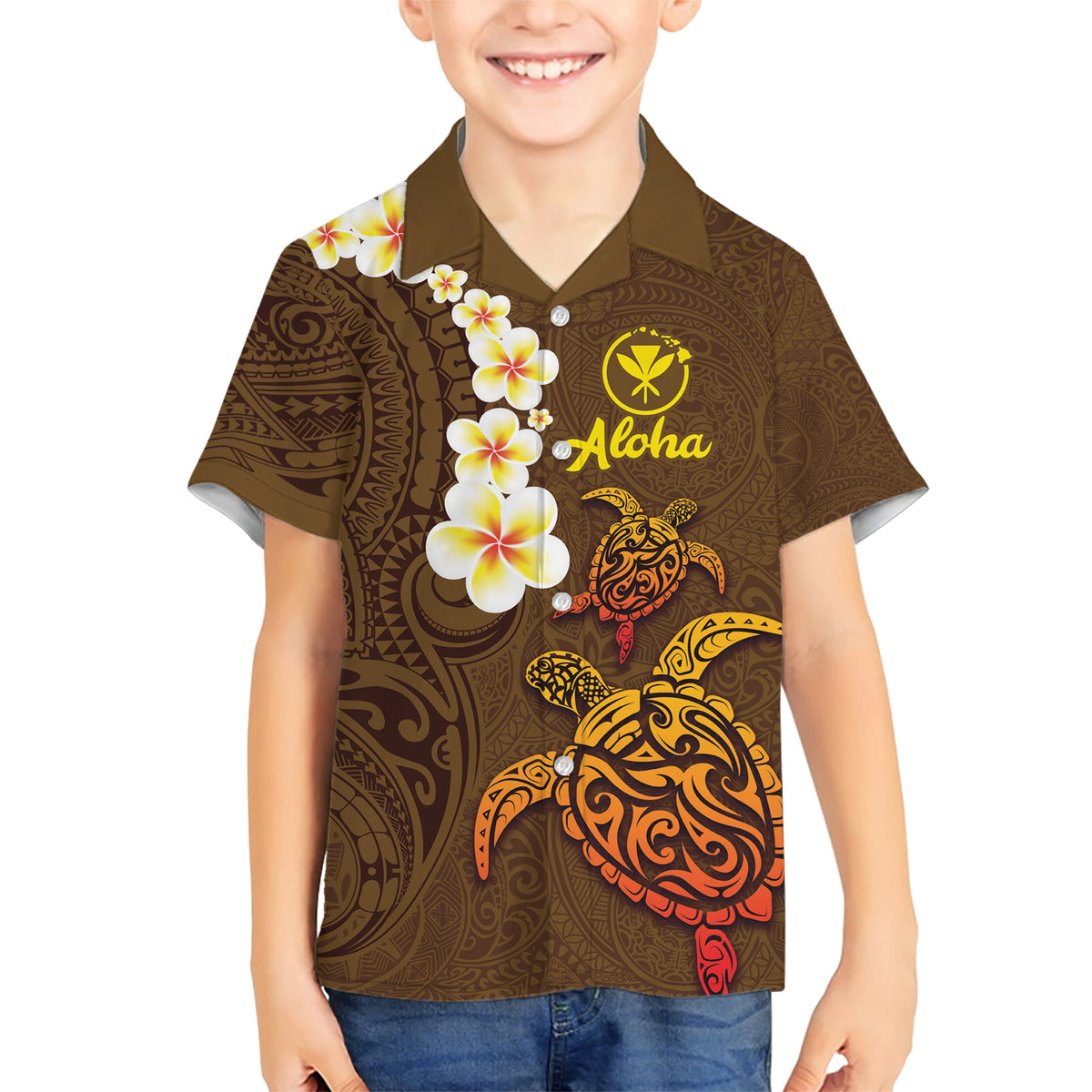 Hawaii Turtle Plumeria Flower Family Matching Short Sleeve Bodycon Dress and Hawaiian Shirt Polynesian Pattern Brown Color LT03 Son's Shirt Brown - Polynesian Pride