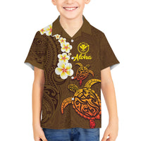 Hawaii Turtle Plumeria Flower Family Matching Short Sleeve Bodycon Dress and Hawaiian Shirt Polynesian Pattern Brown Color LT03 Son's Shirt Brown - Polynesian Pride