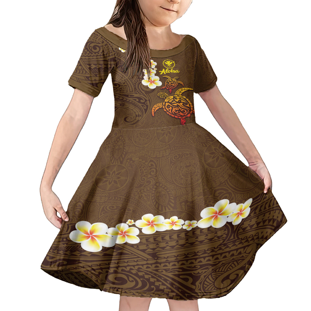 Hawaii Turtle Plumeria Flower Family Matching Tank Maxi Dress and Hawaiian Shirt Polynesian Pattern Brown Color LT03 Daughter's Dress Brown - Polynesian Pride