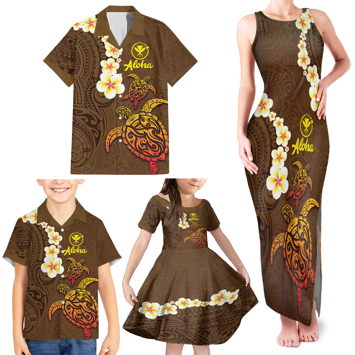 Hawaii Turtle Plumeria Flower Family Matching Tank Maxi Dress and Hawaiian Shirt Polynesian Pattern Brown Color LT03 - Polynesian Pride