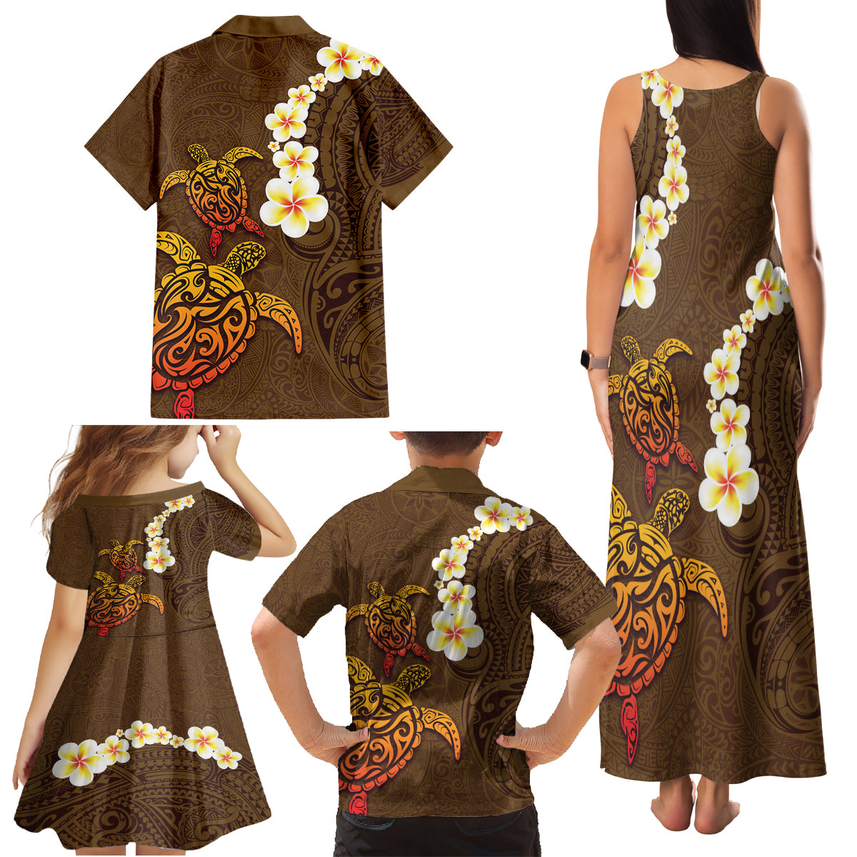 Hawaii Turtle Plumeria Flower Family Matching Tank Maxi Dress and Hawaiian Shirt Polynesian Pattern Brown Color LT03 - Polynesian Pride